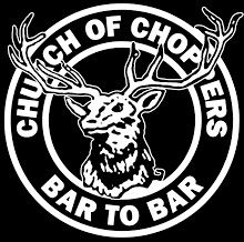 a black and white logo with the words, church of chopers bar to bar