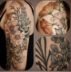 four different tattoos with flowers and leaves on the arm, shoulder, and back half - sleeve