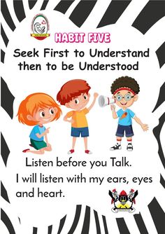 5️⃣Habit Five : Seek First to Understand then be Understood - *Listen before you talk*.
👂I listen to others ideas and feelings.
👁️ I try to see from their viewpoint.
🤐 I listen to others without interrupting.
🤗 I am confident in voicing my ideas.
✅ I look people in the eyes when talking.
#habits #good #goodhabits #earlylearning #nursery #earlydevelopment #Preschool #Education #Children #kindergarten #Parenting #EarlyLearning #PreschoolActivities #School #Learning #EarlyLearning #EdTech Habit 5, Seek First To Understand, To Be Understood, School Learning, Kindergarten Learning Activities, Happy Children