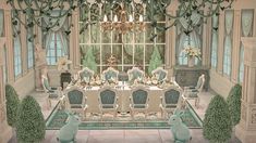 an image of a dining room set up for a formal dinner with green and white decor