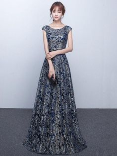 Elegant Long Formal Evening Dress – JoJo Shop Petite Gowns, Modest Formal Dresses, Dresses Pageant, Gaun Fashion, Formal Evening Dress, Gowns Prom, Pageant Gowns, Silver Lace, Custom Size Dresses