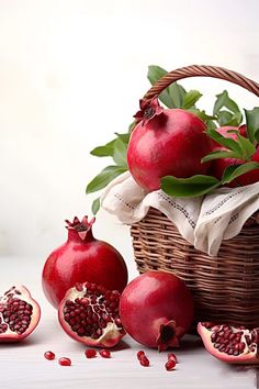 pomegranates and leaves in a basket on a table