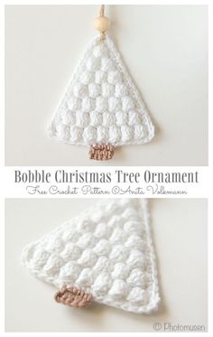 crochet christmas tree ornament is shown in three different ways