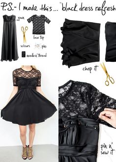 the instructions for how to make a black dress with lace on top and below it