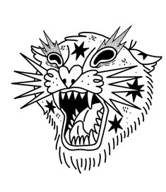 a black and white drawing of a cat's face with its mouth open, showing teeth