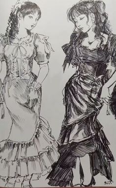 two women are standing next to each other in dresses and holding umbrellas, sketched on paper