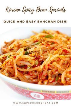 korean spicy bean sprouts in a bowl with text overlay that reads, quick and easy banchan dish