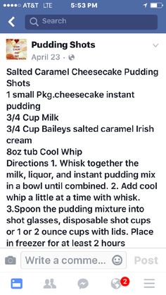 the facebook page for pudding shots