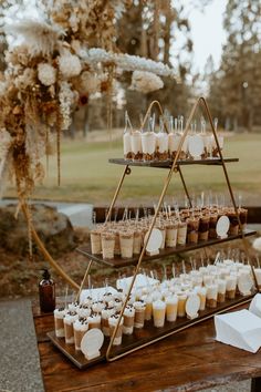 an outdoor dessert table with cupcakes, marshmallows and chocolate on sticks