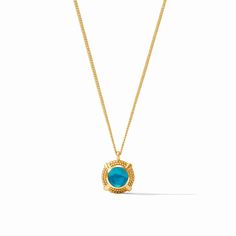 A polished round gemstone in a golden beaded setting with an X motif dangles from a delicate curb chain. • 24K gold plate, CZ • Length: 19 / 19.5 / 20 inches (adjustable) • Closes with toggle Julie Vos, Solitaire Necklace, Nautical Jewelry, Sorority Gifts, Solitaire Necklaces, Meaningful Jewelry, Handbag Straps, Blue Pearl, Accessories Jewelry Necklace