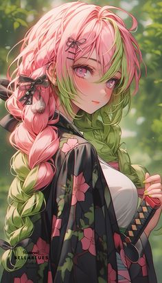 an anime character with pink hair and green eyes