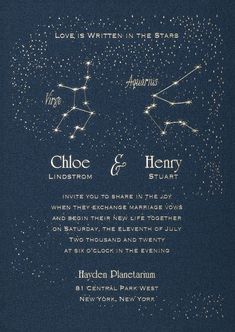 a wedding card with the zodiac sign and stars in the night sky, as well as text