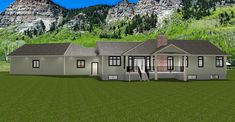 this is an artist's rendering of a house in the country side with mountains in the background