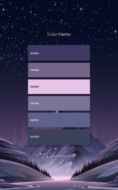 the color palette is purple and has mountains in the background with stars above it, as well as snow on the ground