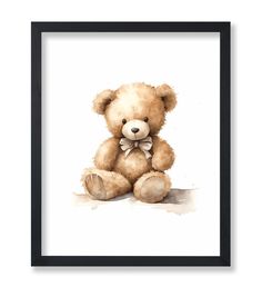 a watercolor painting of a brown teddy bear with a bow tie sitting in front of a white background