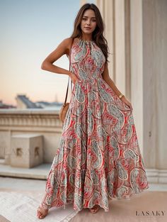 Lasaky - Paisley Print Halter Neck Dress: Stylish Boho Sleeveless Attire for Summer, Exquisite Womens Fashion Gown Details, Boho Fits, Dress Stylish, Halter Neck Dress, Extra Long Sleeves, Halterneck Dress, Style Boho, Ball Gown, Halter Neck