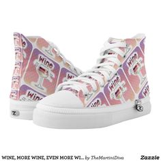 a pair of white shoes with pink and purple wine labels on the side, all over