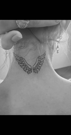 Angel wings neck tattoo black ink Wings On Neck Tattoo For Women, Wings On Back Of Neck Tattoo, Angel Wings Back Of Neck, Neck Nape Tattoo, Angel Wings Tattoo On Back Of Neck, Angel Wings Tattoo On Neck, Angel Wing Neck Tattoo, Angel Wings On Neck, Angel Wings Neck Tattoo