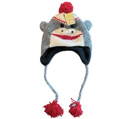 Nwt Sock Monkey Hat 100% Wool & Fleece Lined. Great Hat For Kids Children's Fleece Hats, Novelty Winter Hat, One Size, Warm Novelty Beanie, One Size Fits Most, Sock Monkey Beanie, Sock Monkey Hat, Monkey Hat, Knit Wool Socks, Owl Hat, Cost Plus World Market