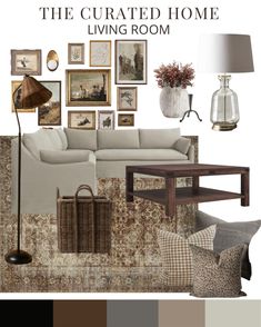 the living room is decorated in shades of brown, beige and white with pictures on the wall