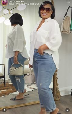 White T And Jeans Outfit, Fuller Figure Fashion Outfits, Elevated Chic Outfits, Curvy Women Fall Outfits, Black Women Style Fashion, White Long Sleeves Outfit Casual, Curvy Business Casual Outfits, White Shirt Outfit Women, Breakfast Date Outfit