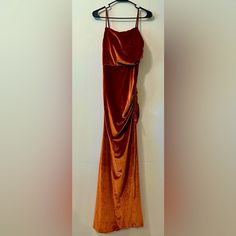 Carlyna Helena Burnt Orange Bridesmaid Velvet Dress - Size 0 This Elegant Helena Velvet Dress Is Perfect For Any Special Occasion. Featuring Spaghetti Straps, A Sheath/Column Silhouette, Adjustable Side Slit, And A Floor-Length Hem, It's Sure To Make Any Bridesmaid Feel Beautiful. Love This Dress, But Ended Up Going With A Different Style For The Wedding And I Waited Too Long To Return. This Is Never Worn With Tags! Burnt Orange Bridesmaid, Sweep Train Wedding Dress, Orange Bridesmaid, Convertible Dress, Feel Beautiful, Cream Dress, Too Long, Formal Gowns, Silk Chiffon