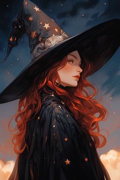 a painting of a woman wearing a witches hat with stars on it's head