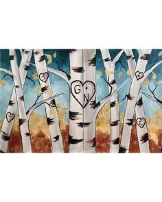 a painting of trees with hearts in the middle and initials on them, all painted by hand