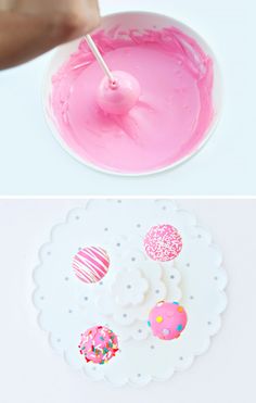 two pictures, one with pink icing and the other with sprinkles