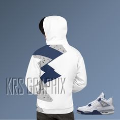 This comfy Jordan 4 'Midnight Navy' unisex hoodie has a soft outside with a vibrant print, and an even softer brushed fleece inside. The hoodie has a relaxed fit, and it's perfect for wrapping yourself into on a chilly evening. It's comfortable and flattering for both men and women. This design is perfect for sneakerheads everywhere!  * 70% polyester, 27% cotton, 3% elastane * Fabric weight: 8.85 oz/yd² (300 g/m²) * Soft cotton-feel fabric face * Brushed fleece fabric inside * Double-lined hood What To Wear Midnight Navy Jordan 4, Jordan 4 Midnight Navy, Hoodie Jordan, Jordan 4’s, Navy Hoodie, Shoe Display, Midnight Navy, Star Shirt, We Wear