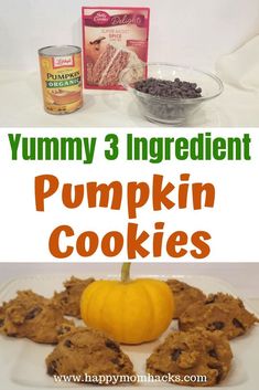 yummy 3 ingredient pumpkin cookies on a white plate with an orange pumpkin next to it