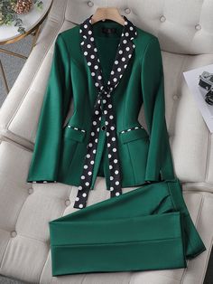 Description: Look great, feel wonderful and sophisticated, wearing this fine fashion, stylish polka dots design and solid color professional business style blazer jacket and pants suit set. An excellent choice for your formal and semiformal dress outfits, and as well as, coordination with your business casual and pants outfits. Wear it to work, business meetings, special events, and much more! Details: CAROLINE Design Collection Women's Elegant Stylish Fashion Office Business Casual Professional Womens Blazer Coat, Blazer Suit Women, Black And White Suit, Female Office, Casual Professional, Fashion Office, Work Suits, Pants Suit, Professional Fashion