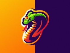 a colorful snake head with an orange and purple background is featured in this logo design