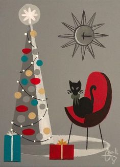 a painting of a cat sitting in a chair next to a christmas tree with presents