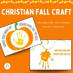 an orange and white flyer with handprinted pumpkins on it, which reads christian fall craft printable file 1 pages instant