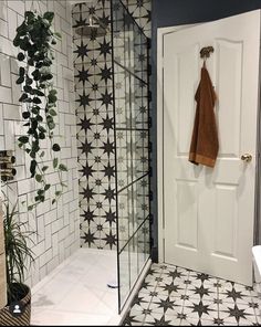 a bathroom with black and white tiles, a shower stall and a potted plant