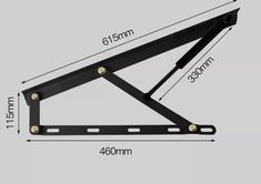 an image of a black metal shelf bracket with measurements for the top and bottom section