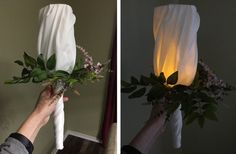 two pictures of someone holding flowers in front of a paper bag that is hanging from the ceiling