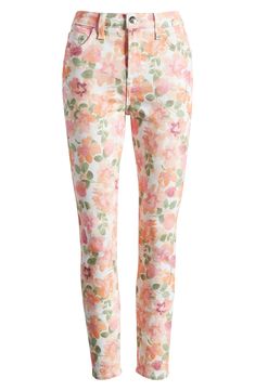 Energize your outfit with these painterly, stretchy skinny jeans made with a contoured waist and enhanceME shaping panels that subtly slim and sculpt. 71% cotton, 20% rayon, 7% elastomultiester, 2% spandex Machine wash, dry flat Imported White Casual Jeggings For Spring, Trendy Fitted Floral Print Jeans, Spring Stretch Tapered Leg Jeans, Trendy Straight Leg Jeggings For Spring, Spring Fitted Straight Leg Jeggings, Spring Chic Mid-rise Jeggings, Fitted Jeggings For Spring, Straight Leg Summer Jeggings, Spring Mid-rise Jeggings