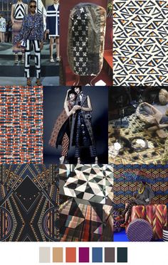 a collage of different patterns and colors with people in the background looking at them