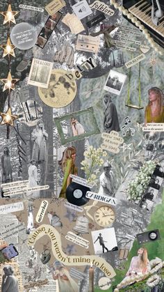 a collage of many different things with pictures and words all over the place, including an old record player