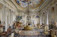 an ornate room with chandeliers and paintings on the walls, painted in watercolor