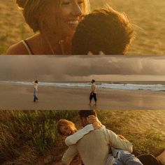 two people are sitting on the beach and one person is holding his head up in the air