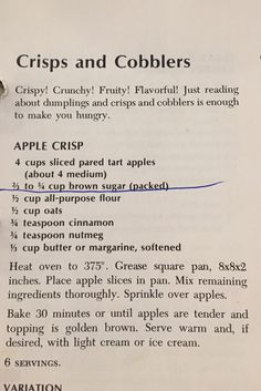 an apple crisp recipe is shown on a piece of paper with the words crisps and cobblers written below it