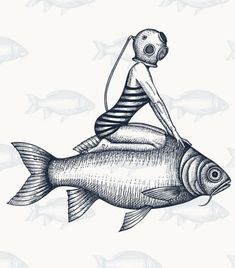 a drawing of a person sitting on top of a fish with a fishing rod in his hand