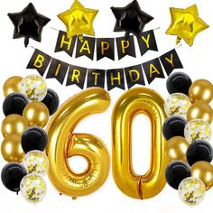 happy 60th birthday balloons and streamers in gold, black and silver colors with the number sixty