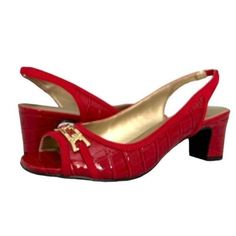 Karen Scott Jerricca Slingback Sandals Women's Dress Shoes Red Croc -New With Box -Brand: Karen Scott -Material: Synthetic -Color: Red Croc -Size: 5.5m -Heel Height: 2 Inch -Block Heel -Peep Toe -Slip On Closure -Gleaming Hardware And Exotic Texture -Made In China Red Slingback Sandals With 4-inch Heel, Red Synthetic Round Toe Slingback Sandals, Red Synthetic Slingback Sandals With Round Toe, Red Synthetic Slingback Pumps, Red Synthetic Slingback Sandals With Heel Strap, Red High Heel Synthetic Slingback Pumps, Formal Red Slingback Sandals With Red Sole, Formal Spring Heels With Red Sole, Formal Red Sole Heels For Spring