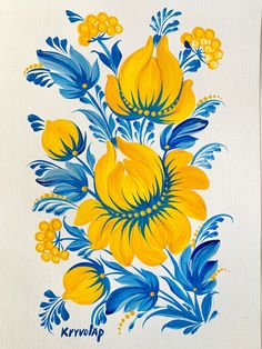 a painting of yellow and blue flowers on a white background