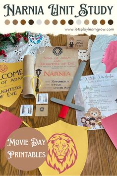 the movie day printables are laid out on a table with paper, scissors and other items