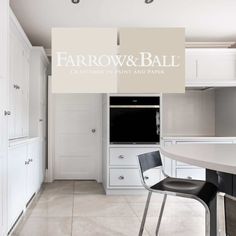 the interior of a kitchen with white cabinets and counter tops, along with a bar stool